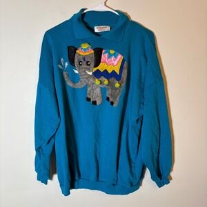 Vintage 1981 Bordeaux Elephant Appliqué Sweatshirt Teal Blue‎ 2X Pom Pom Sweater